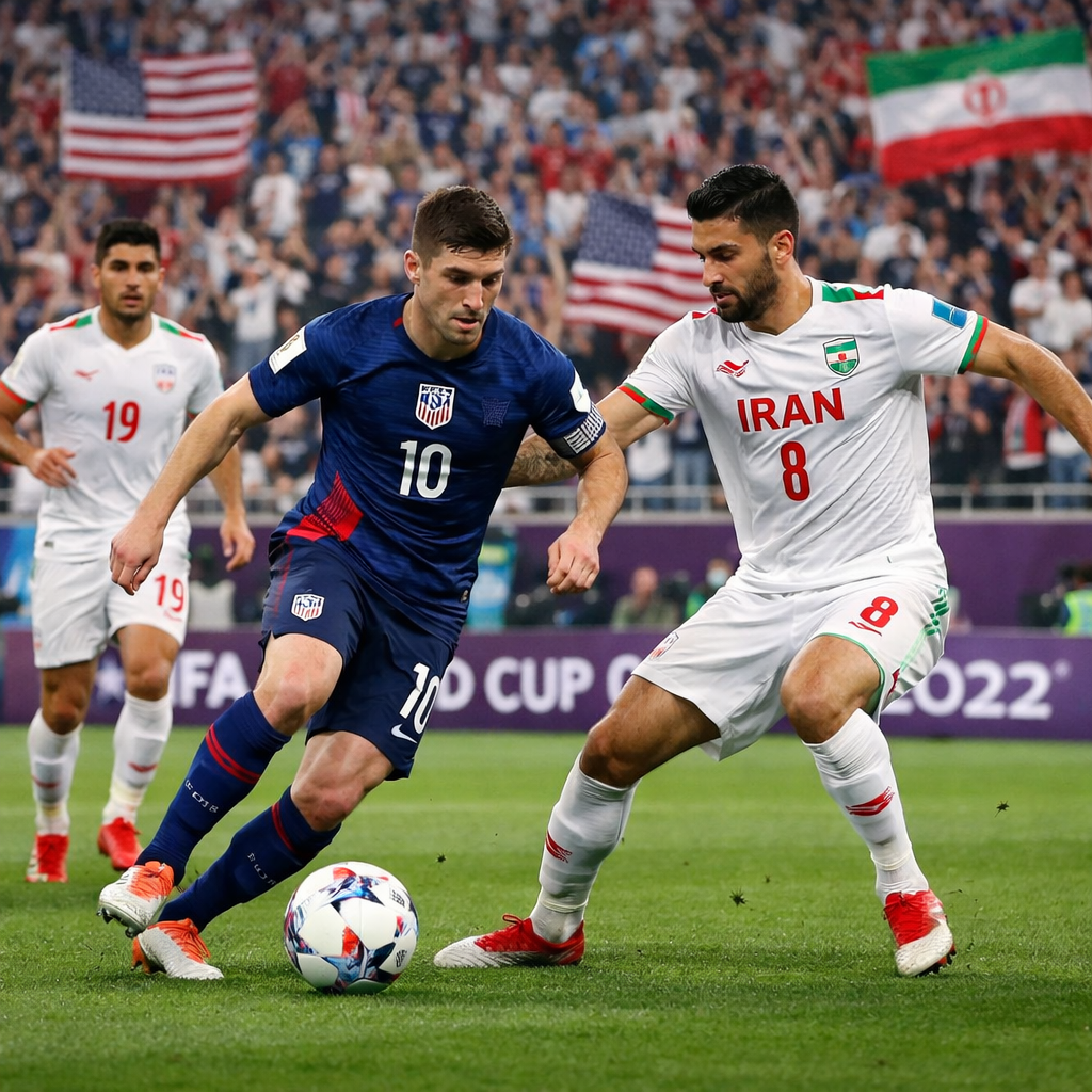 US soccer player in blue jersey dribbling the ball while Iranian player in white jersey defends
