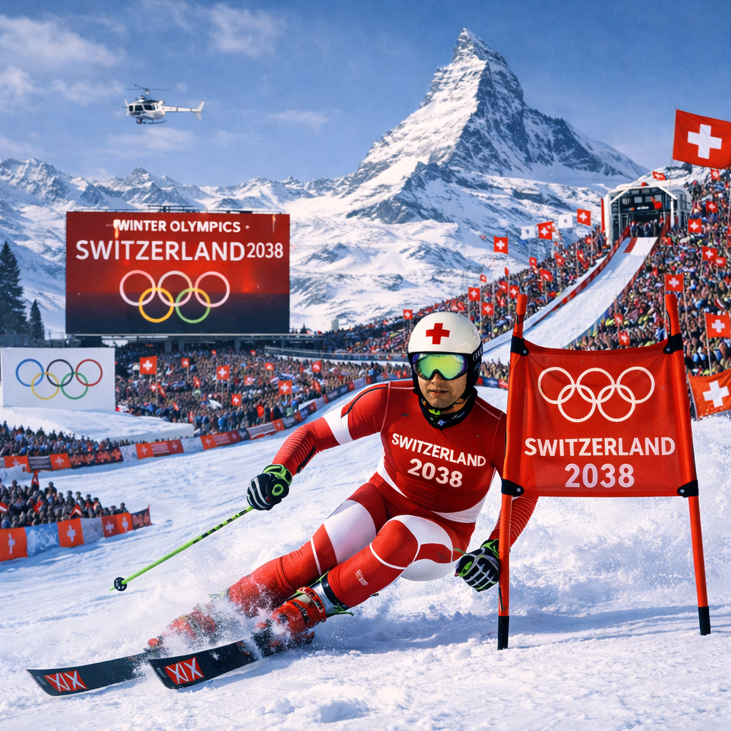 Alpine skier in red and white racing downhill at Switzerland 2028 Winter Olympics with Olympic rings and Swiss flags