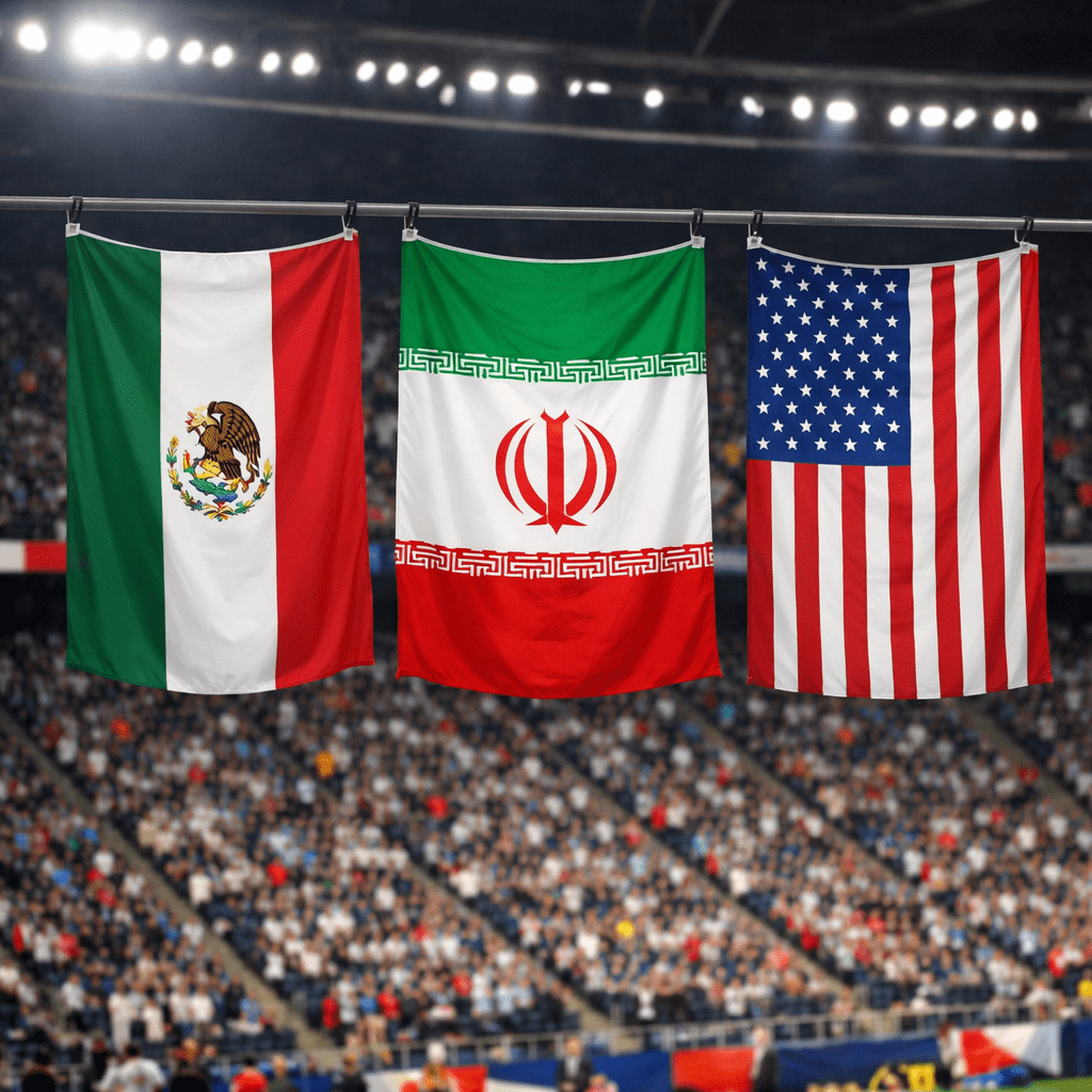 Flags of Mexico, Iran, and the United States hanging in a stadium with a crowd in the background