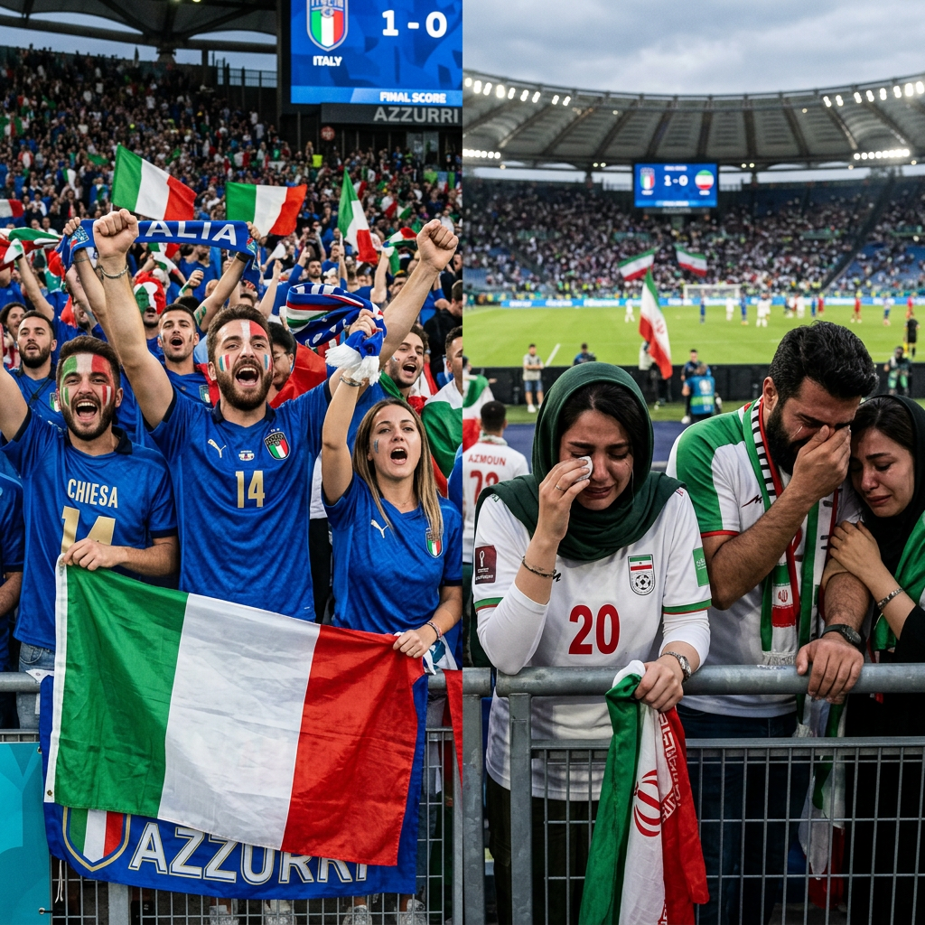 Italian fans cheering with flags and scarves while Iranian fans cry and look upset at the stadium.