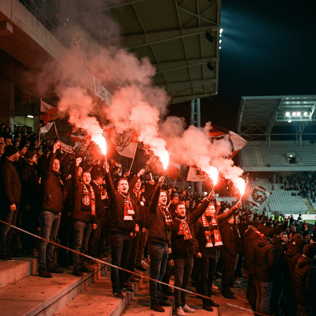 Group of football fans holding red flares and cheering in stadium stands