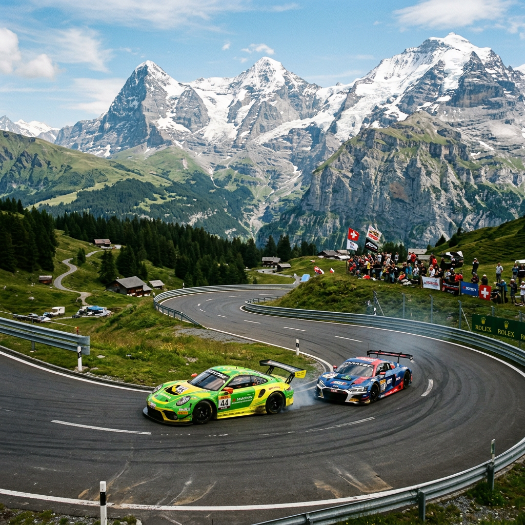 Two race cars drifting on a curved mountain road with spectators and snowy mountains