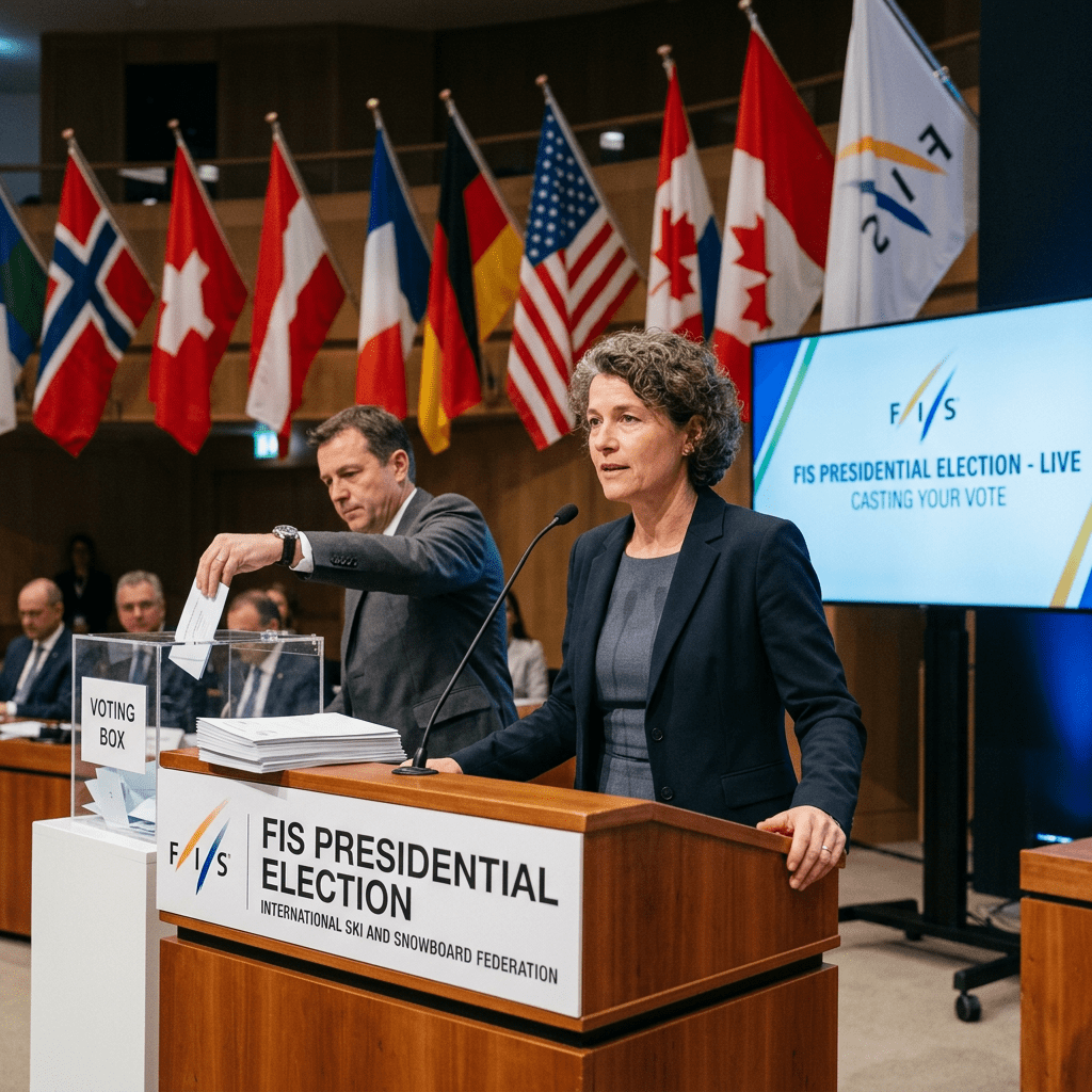 Woman speaking at podium during FIS presidential election as a man places a ballot in a voting box with international flags in the background