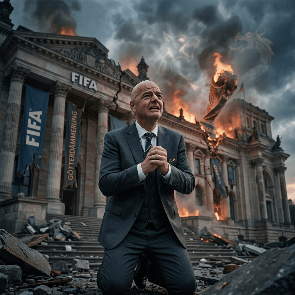 Man in FIFA suit kneeling distressed in front of burning FIFA building with banners