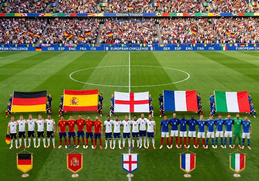 Germany, Spain, England, and Italy teams with flags at Europa Stadium; text reads European Challenge