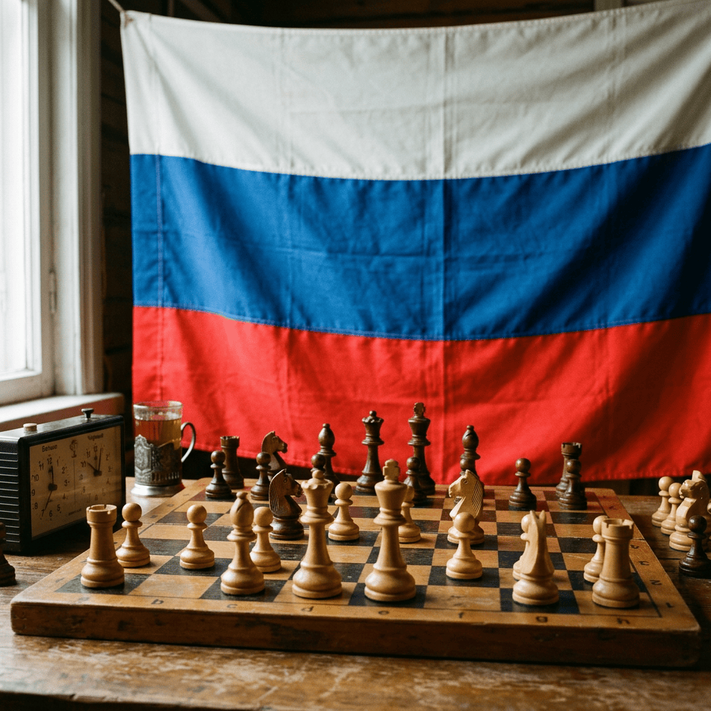 Wooden chessboard with pieces before a Russian tricolor flag