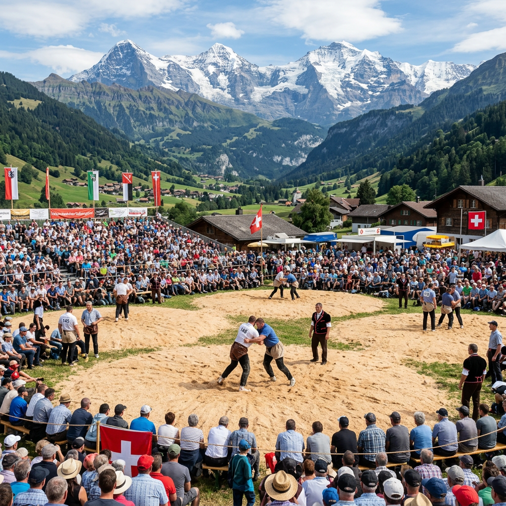 Swiss wrestling competition surrounded by spectators in an Alpine village