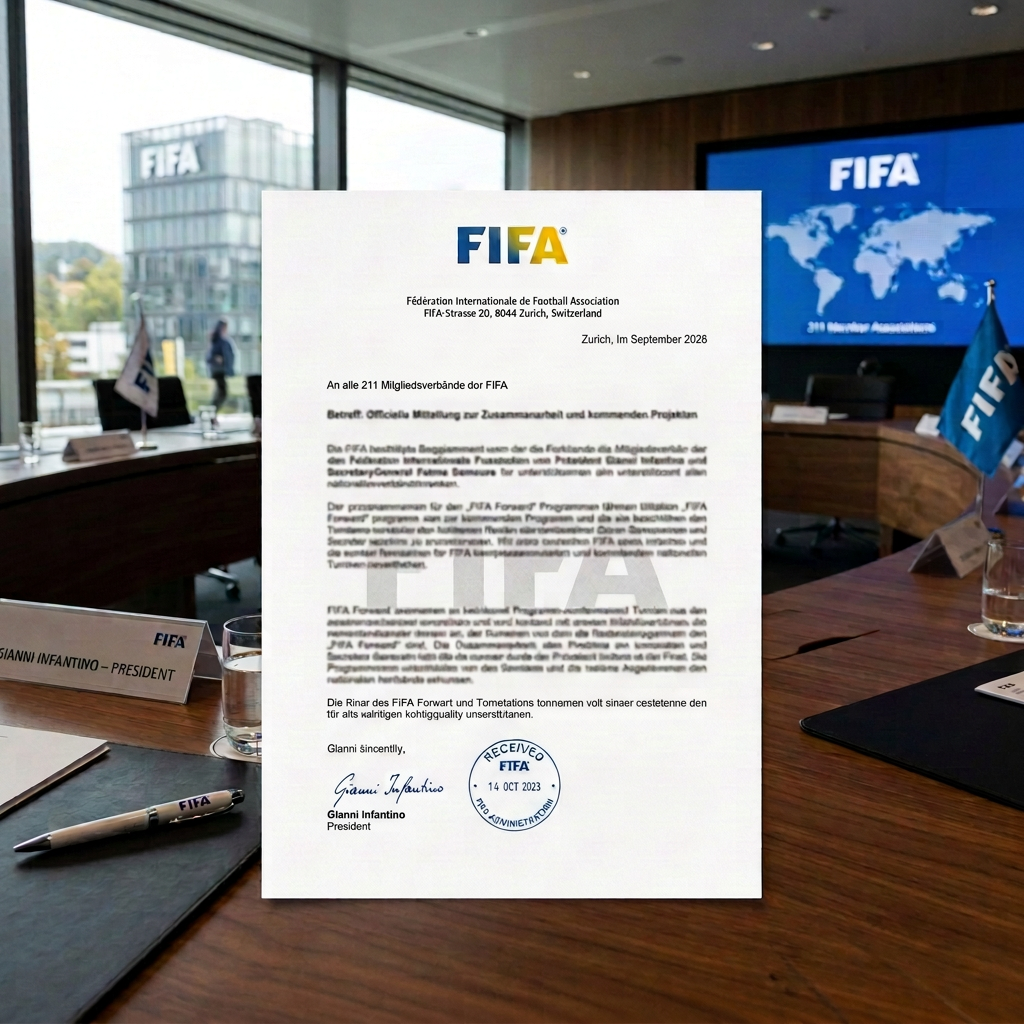 FIFA partnership announcement letter in meeting room FIFA letter dated 14 October 2023, signed by Gianni Infantino and Fatma Samoura