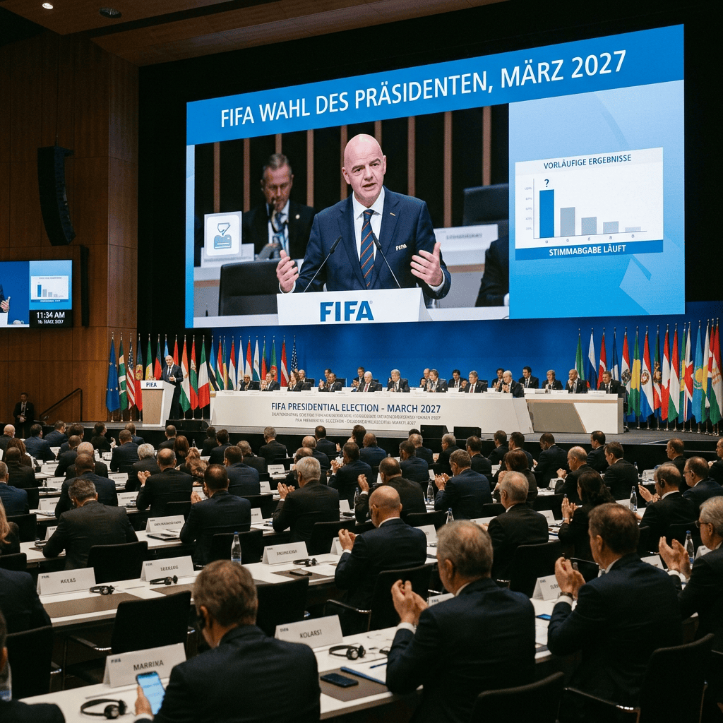 FIFA presidential election March 2027 displayed above delegates voting in a conference hall